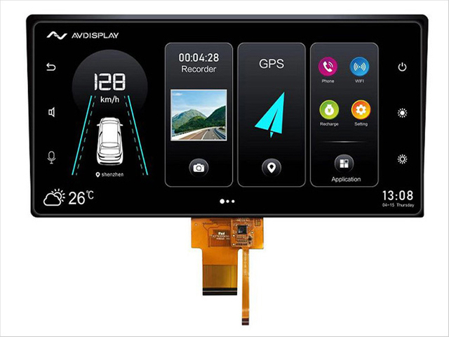 Modulo display touchscreen installato nel sistema di navigazione di un'auto, che fornisce controlli intuitivi e informazioni in tempo reale